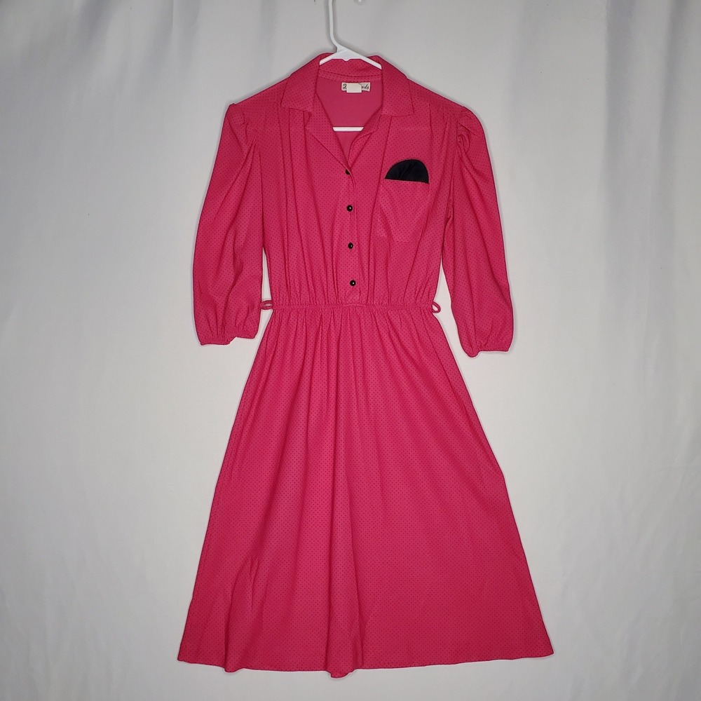 Vintage 80s Doo-Dads Pink Polka Dot Dress‎ 8 Elastic Waist 3/4 Sleeve